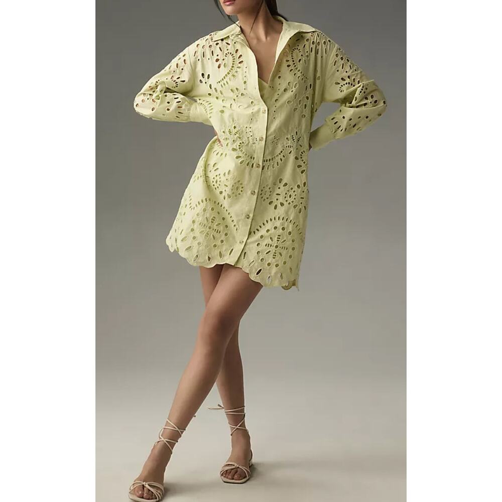 Anthro Eyelet Shirt Dress Green Cutout Mini Dress Button Front Cotton Size M - Picture 2 of 13